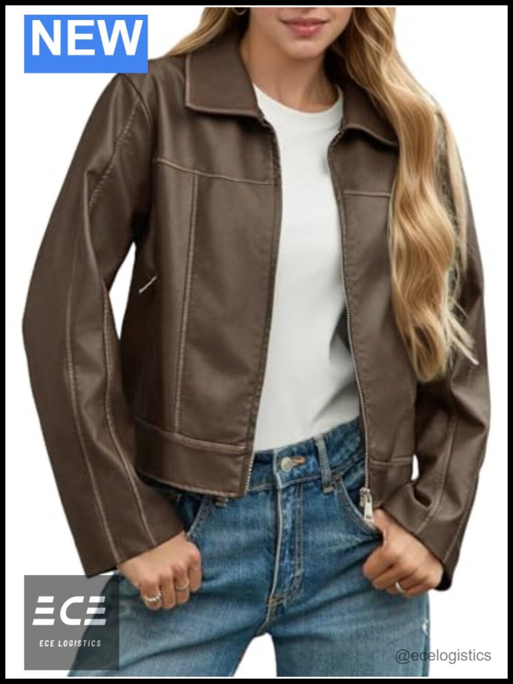 Faux Leather Jacket Womens Zip Up Motorcycle Cropped Collared Coat Pockets